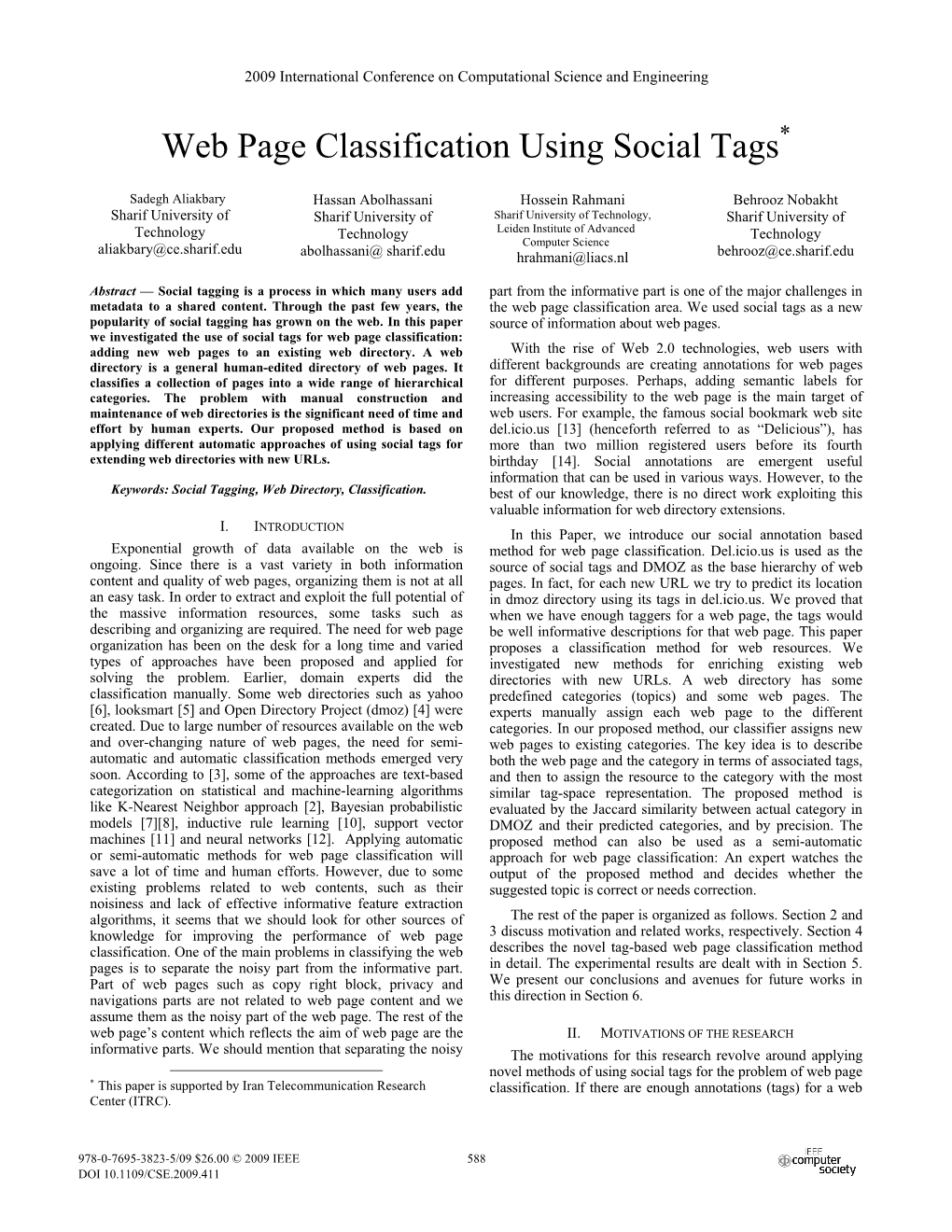 Web Page Classification Using Social Tags*