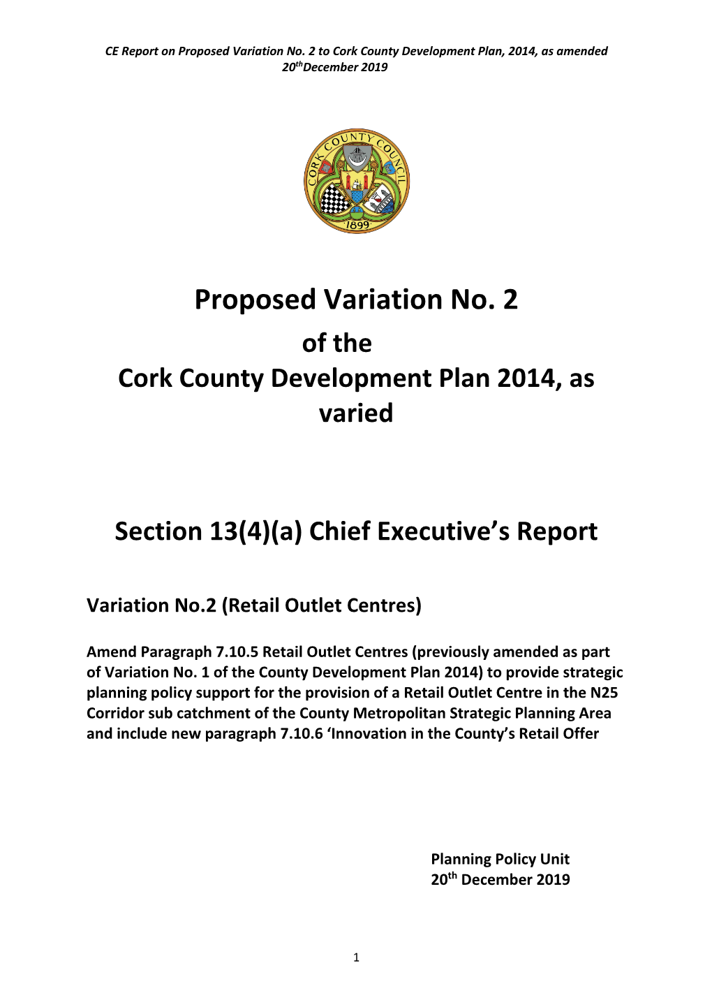 CE Report on Proposed Variation No. 2 Cork CDP 2014 Retail Outlet Centre