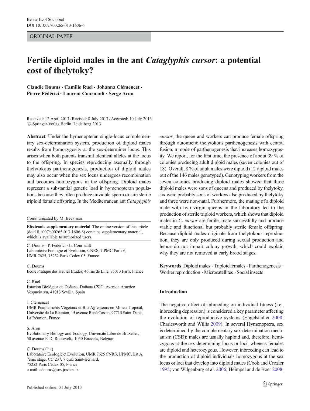 Fertile Diploid Males in the Ant Cataglyphis Cursor: a Potential Cost of Thelytoky?