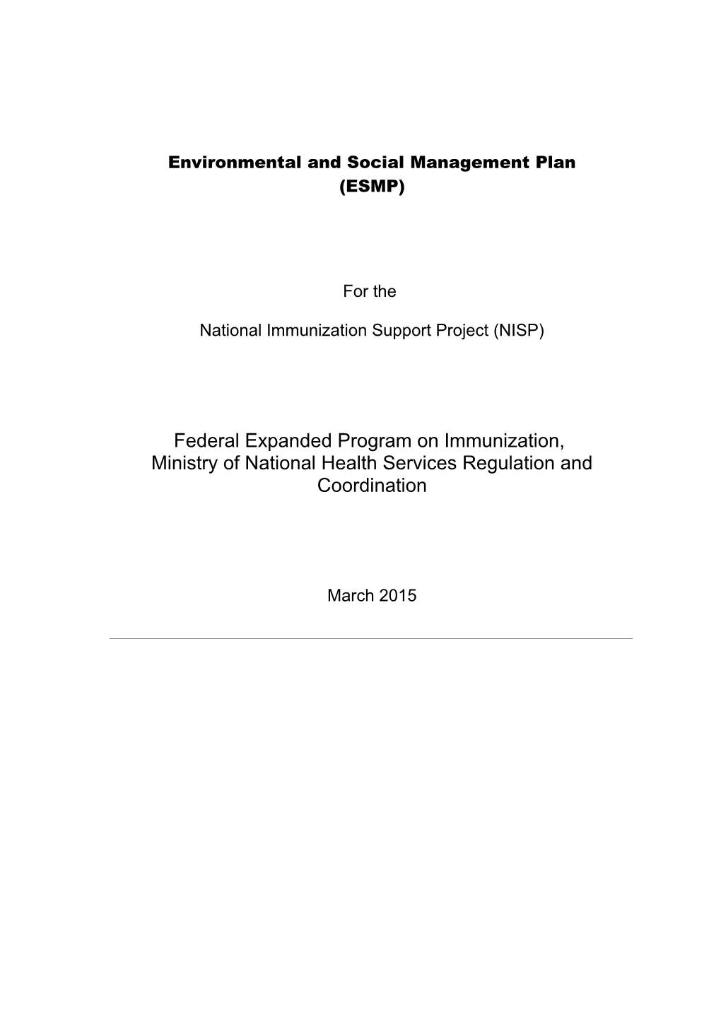 Pakistan National Immunization Support Project Environmental and Social Management Plan