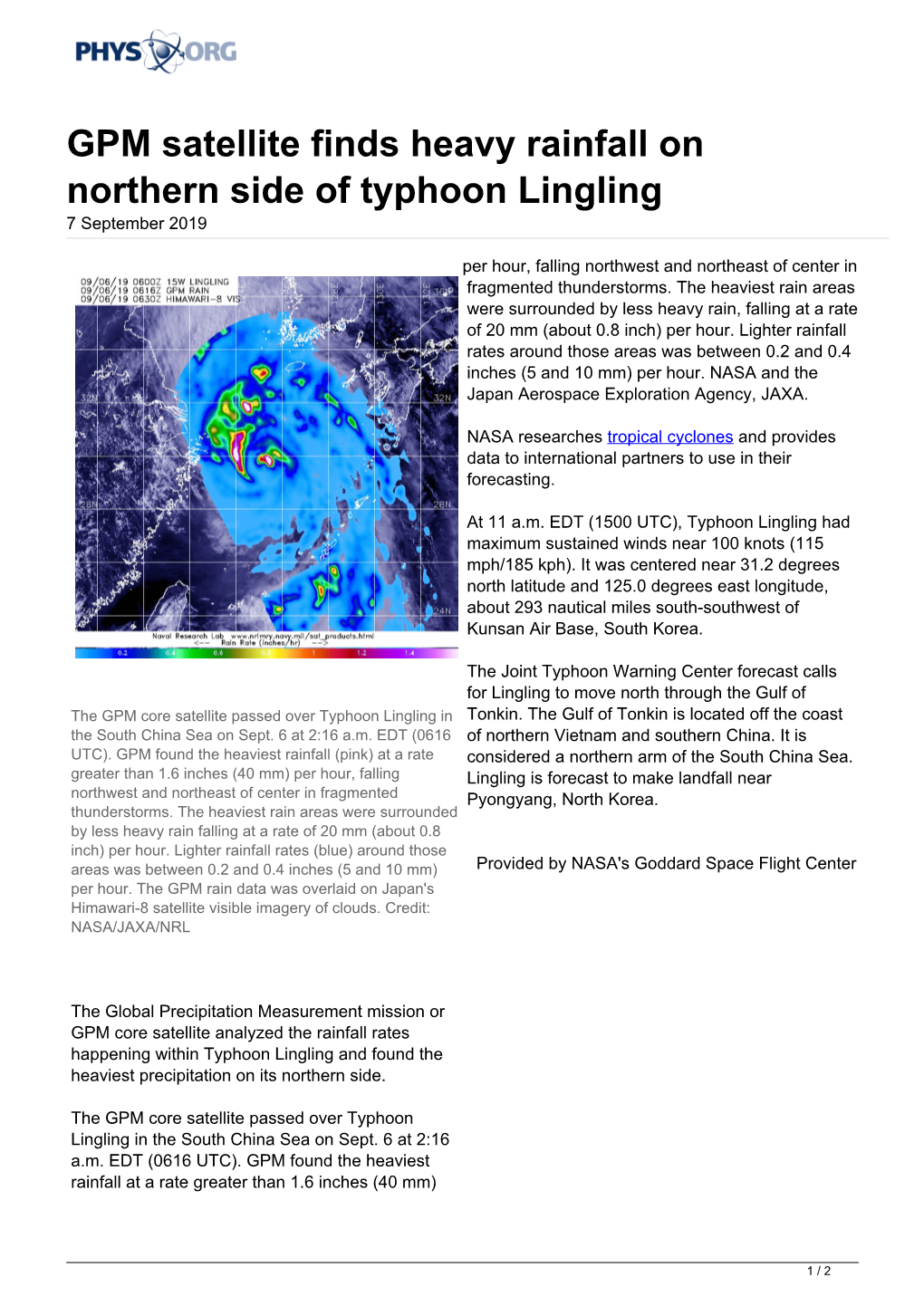 GPM Satellite Finds Heavy Rainfall on Northern Side of Typhoon Lingling 7 September 2019