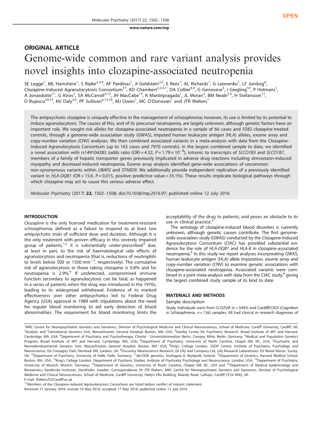 Genome-Wide Common and Rare Variant Analysis Provides Novel Insights Into Clozapine-Associated Neutropenia