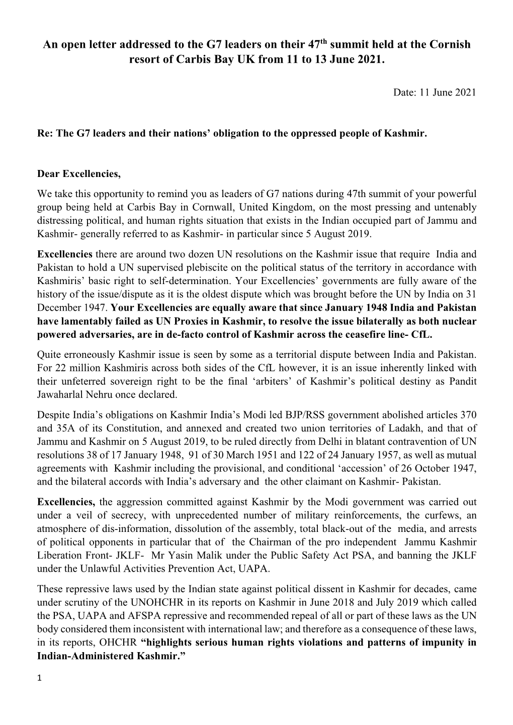 An Open Letter Addressed to the G7 Leaders on Their 47Th Summit Held at the Cornish Resort of Carbis Bay UK from 11 to 13 June 2021