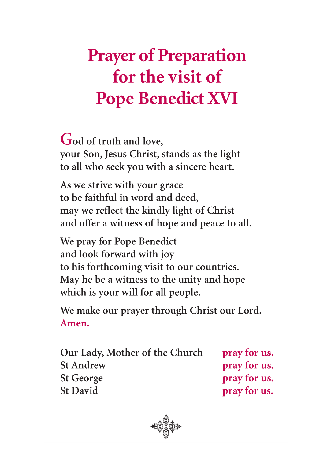 Prayer of Preparation for the Visit of Pope Benedict XVI