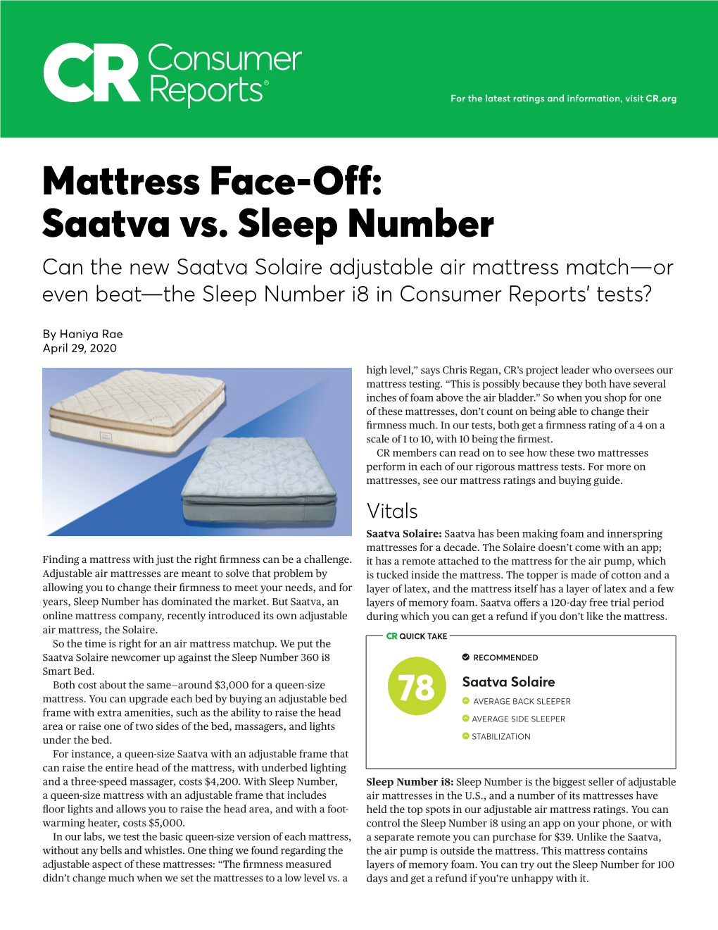 Mattress Face-Off: Saatva Vs. Sleep Number Can the New Saatva Solaire Adjustable Air Mattress Match—Or Even Beat—The Sleep Number I8 in Consumer Reports' Tests?