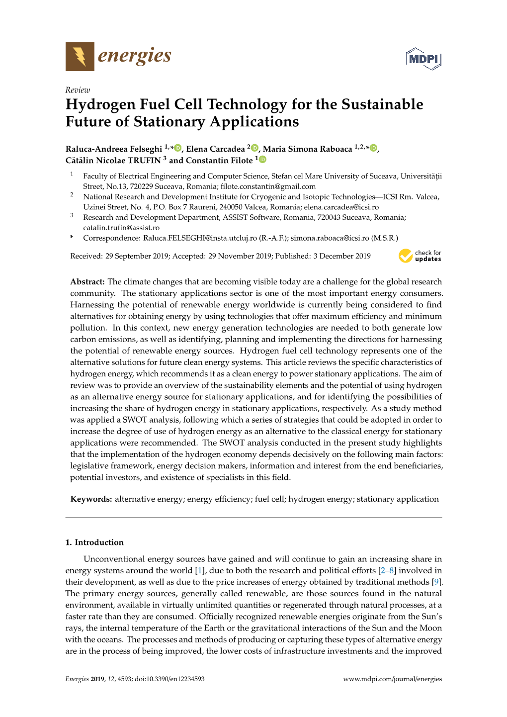 Hydrogen Fuel Cell Technology for the Sustainable Future of Stationary Applications