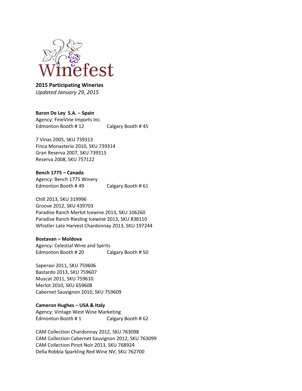 2015 Participating Wineries Updated January 29, 2015