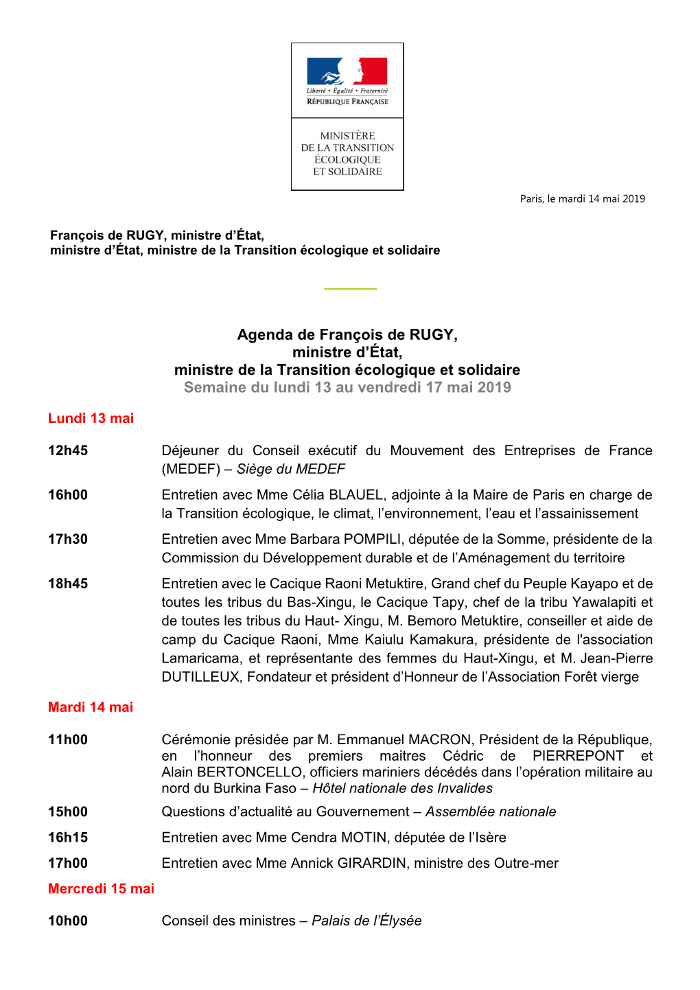 Agenda De François De RUGY, Ministre D'état, Ministre De La