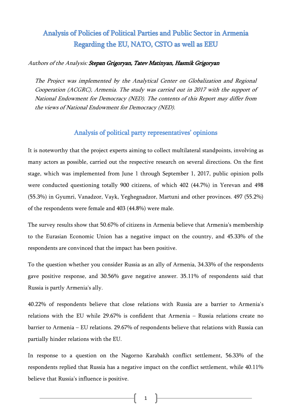 Analysis of Policies of Political Parties and Public Sector in Armenia Regarding the EU, NATO, CSTO As Well As EEU