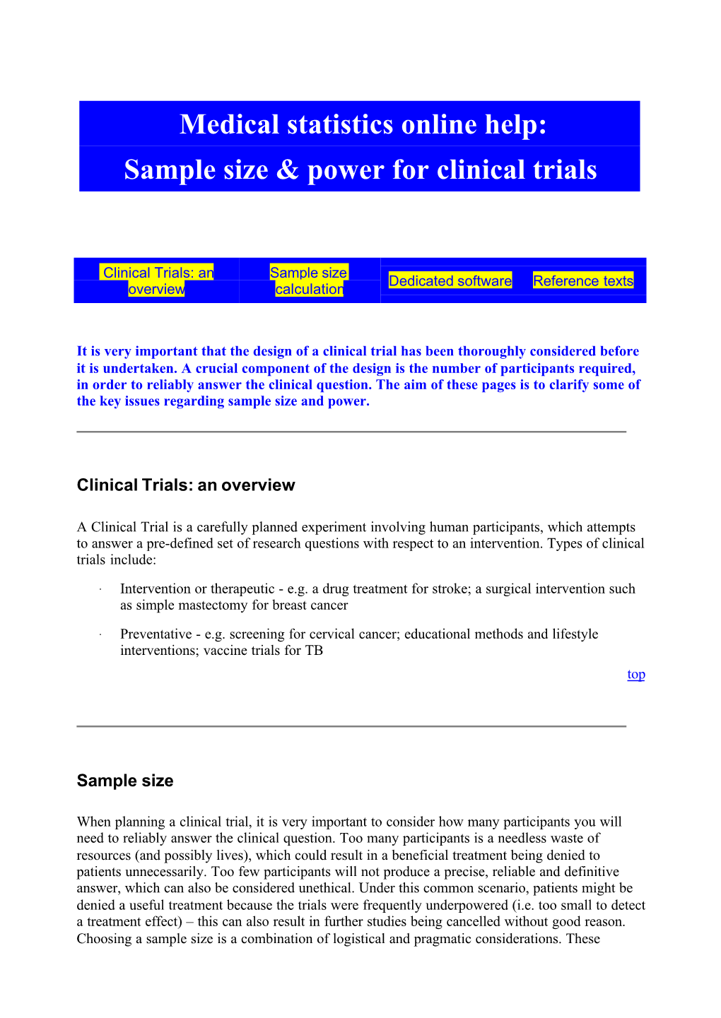 Medical Statistics Online Help: Sample Size & Power for Clinical Trials