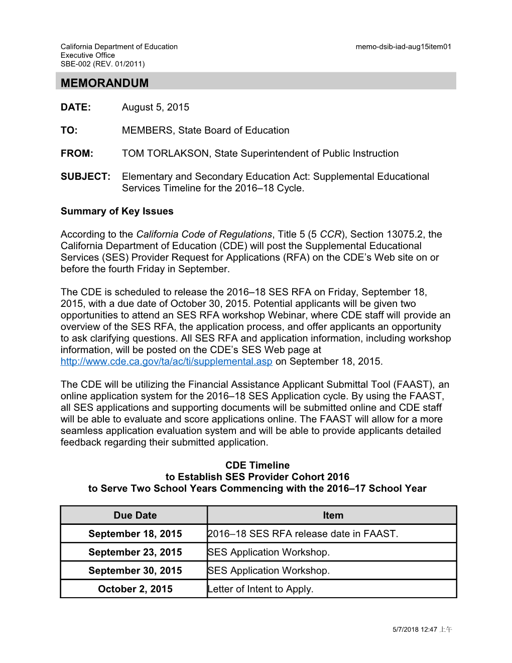 August 2015 Memo DSIB IAD Item 01 - Information Memorandum (CA State Board of Education)