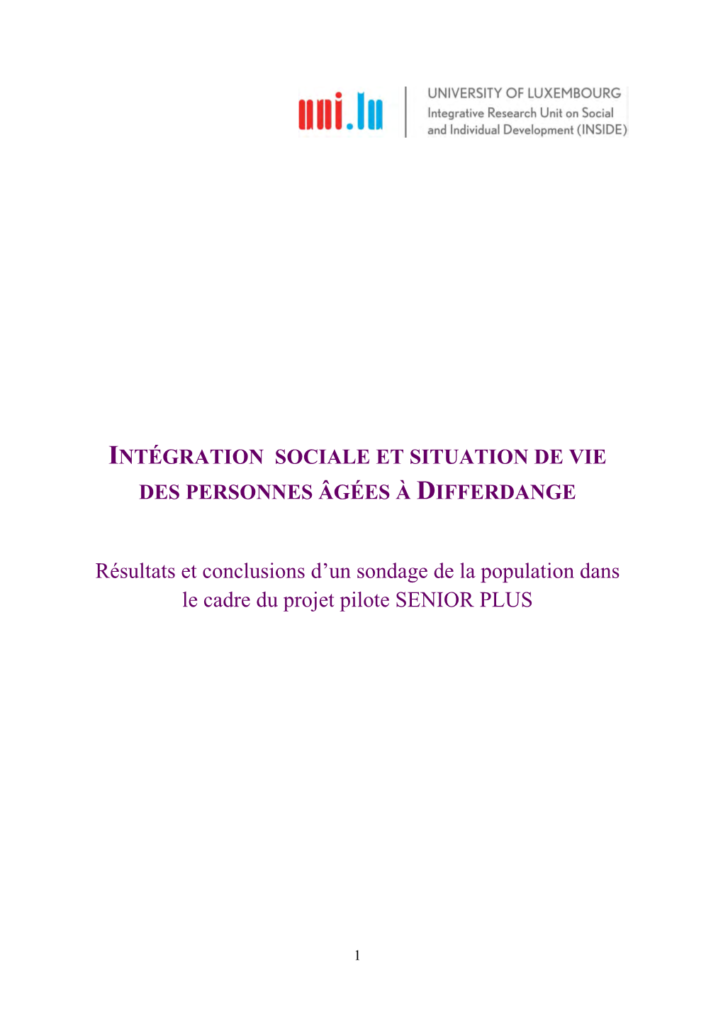 Intégration Sociale Et Situation De Vie Des Personnes Âgées À Differdange