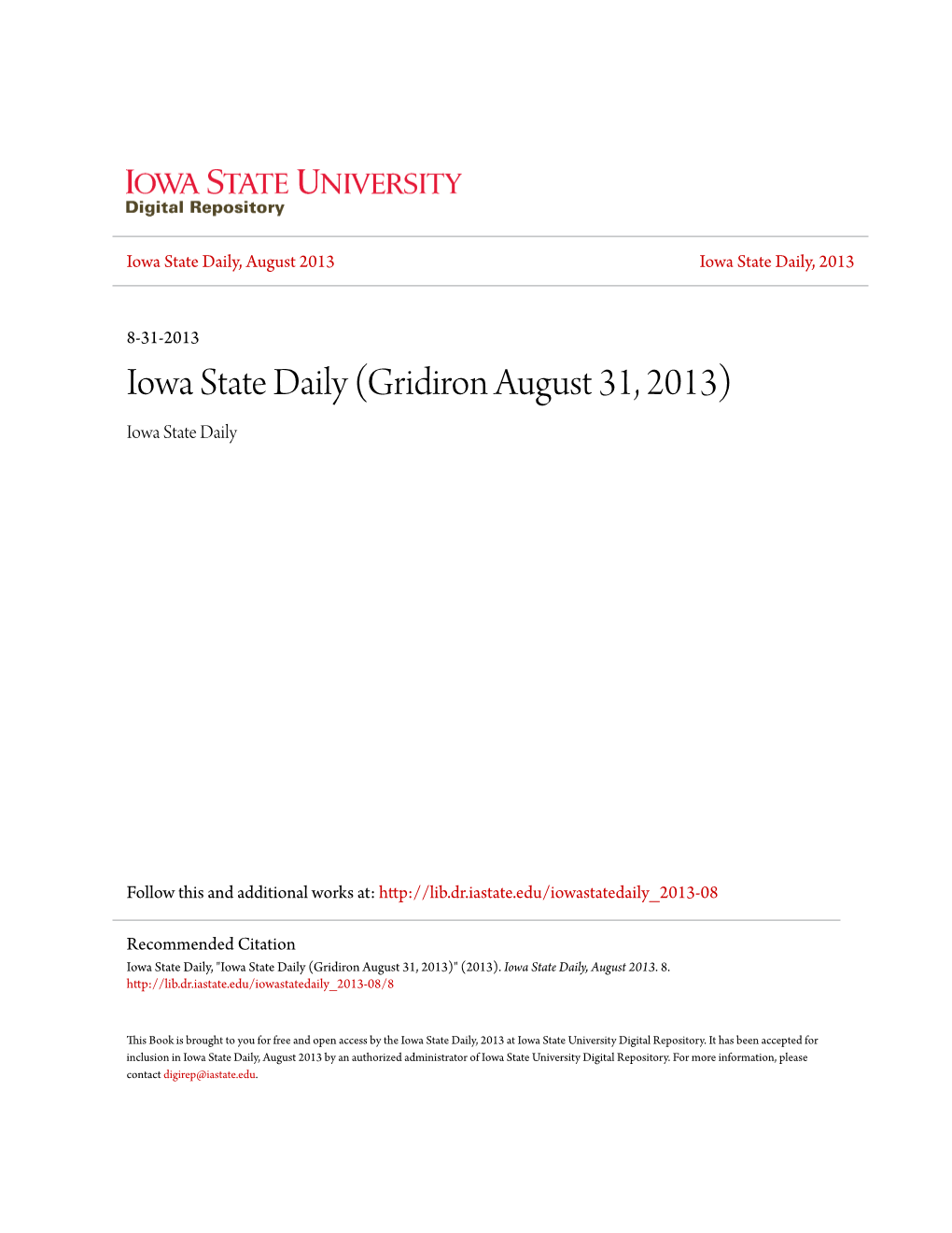 Iowa State Daily, August 2013 Iowa State Daily, 2013