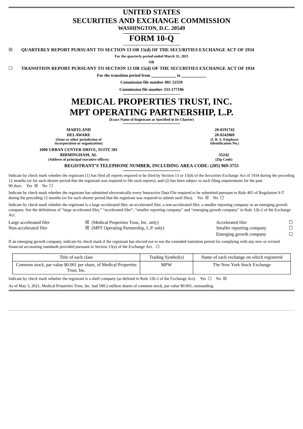 Medical Properties Trust, Inc. Mpt Operating Partnership, L.P