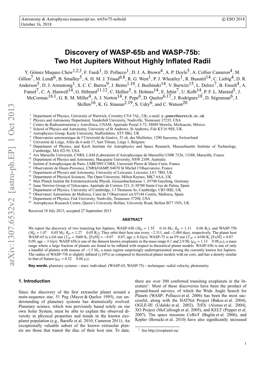 Discovery of WASP-65B and WASP-75B the Number of Discovered Transiting Planetary Systems, and Have Table 1