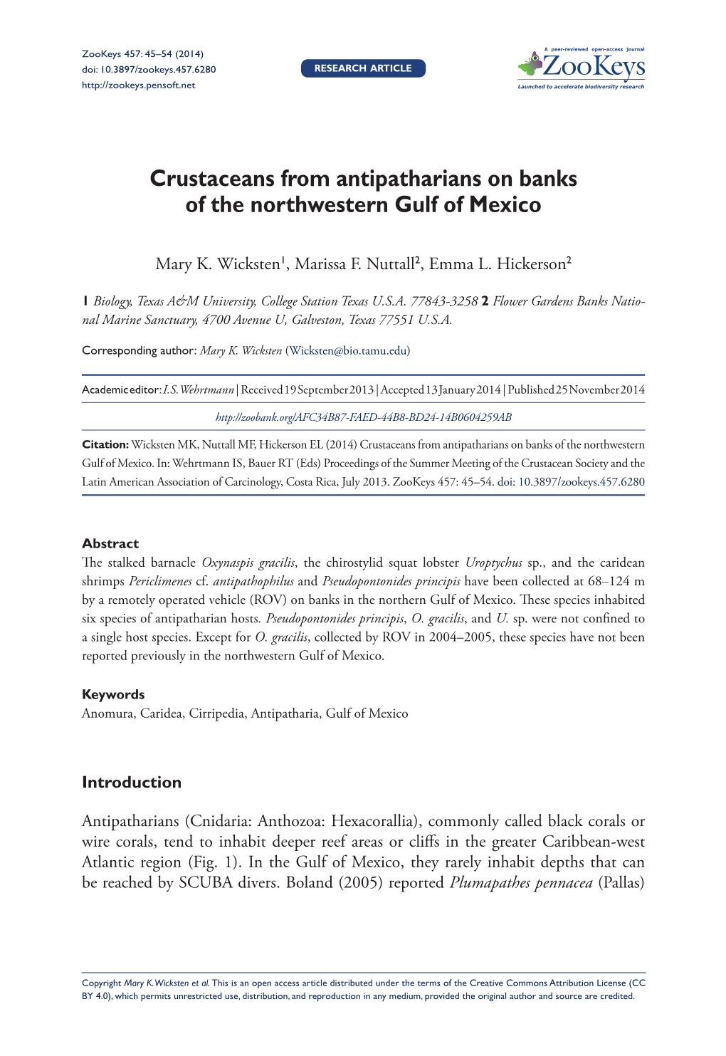 Crustaceans from Antipatharians on Banks of the Northwestern Gulf of Mexico