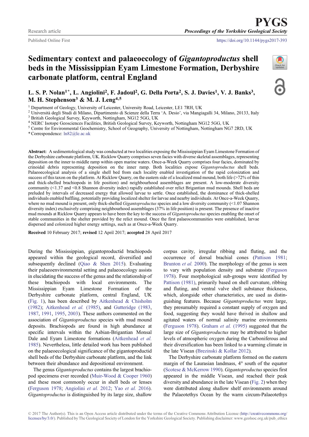 Sedimentary Context and Palaeoecology of Gigantoproductus Shell Beds in the Mississippian Eyam Limestone Formation, Derbyshire Carbonate Platform, Central England