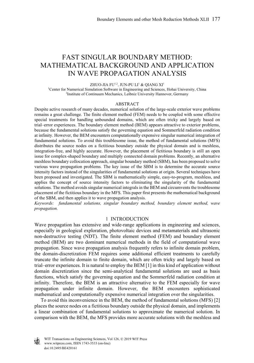 Fast Singular Boundary Method: Mathematical Background and Application in Wave Propagation Analysis