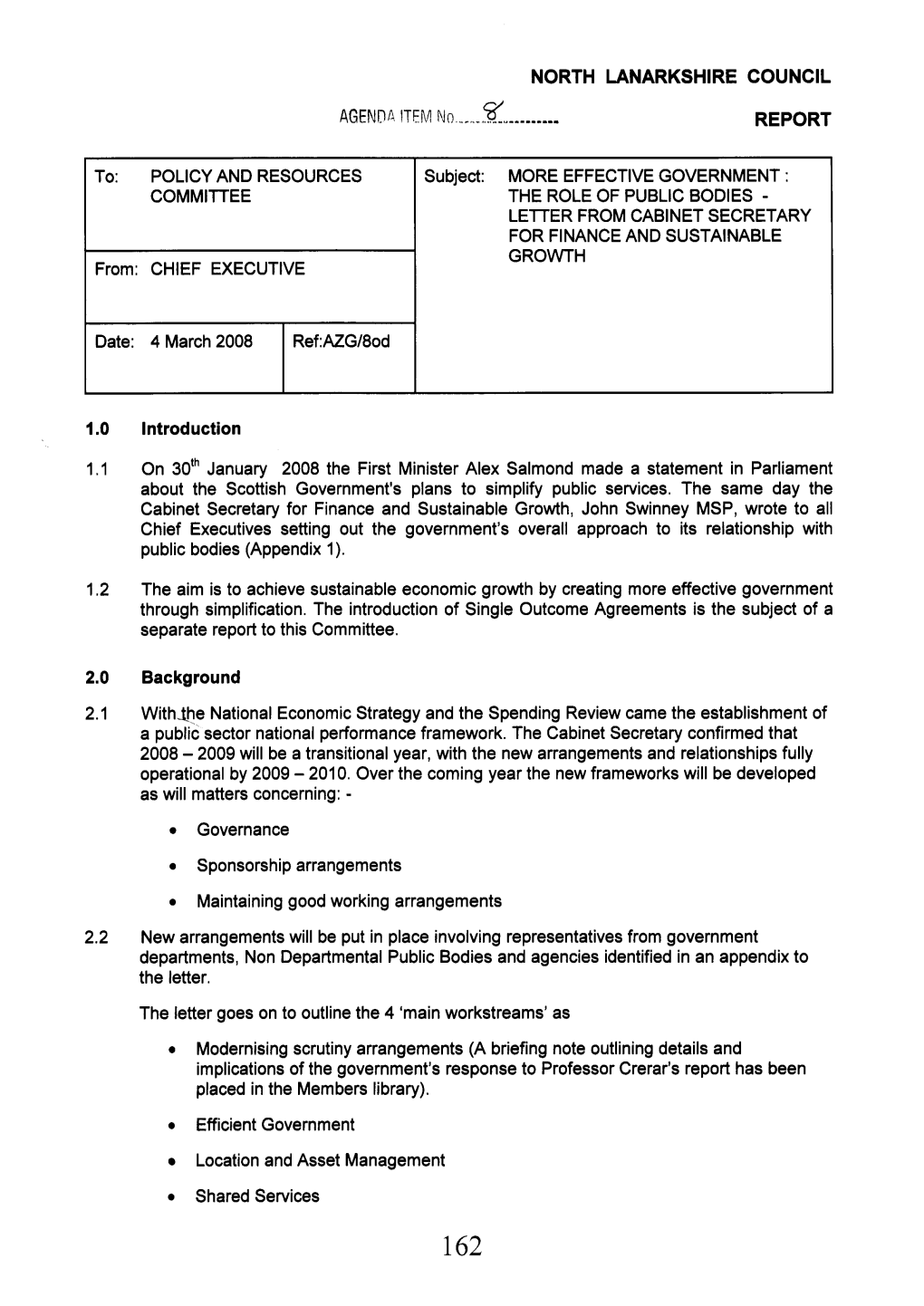 EFFECTIVE GOVERNMENT : Commlltee the ROLE of PUBLIC BODIES - LETTER from CABINET SECRETARY for FINANCE and SUSTAINABLE GROWTH From: CHIEF EXECUTIVE