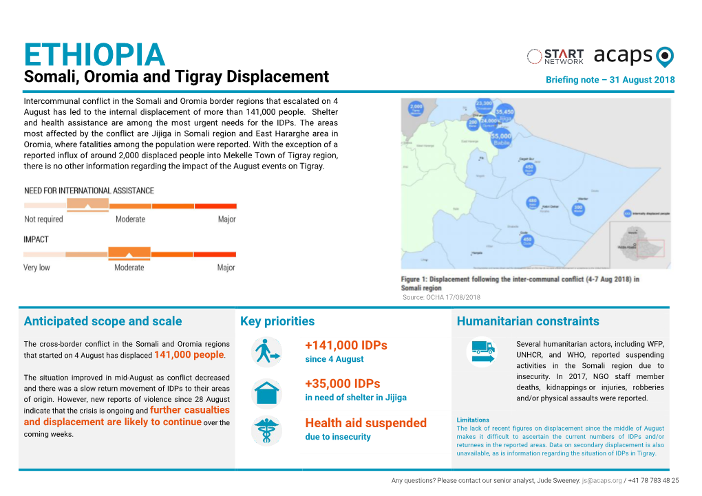 ETHIOPIA Somali, Oromia and Tigray Displacement Briefing Note – 31 August 2018