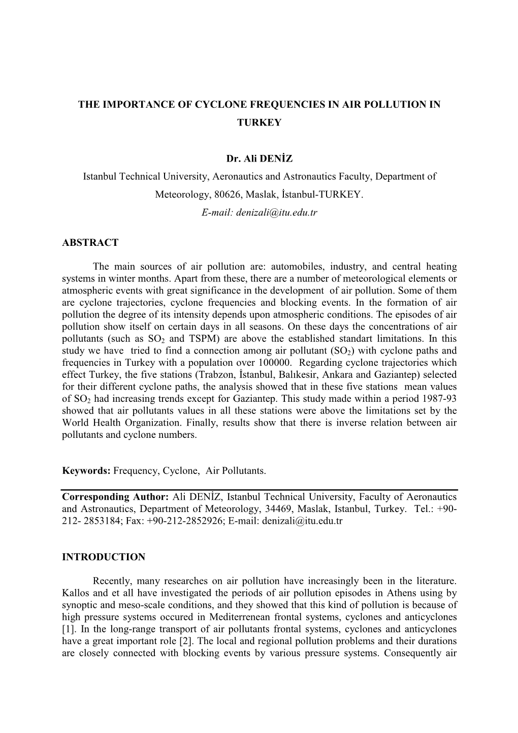 The Importance of Cyclone Frequencies in Air Pollution in Turkey