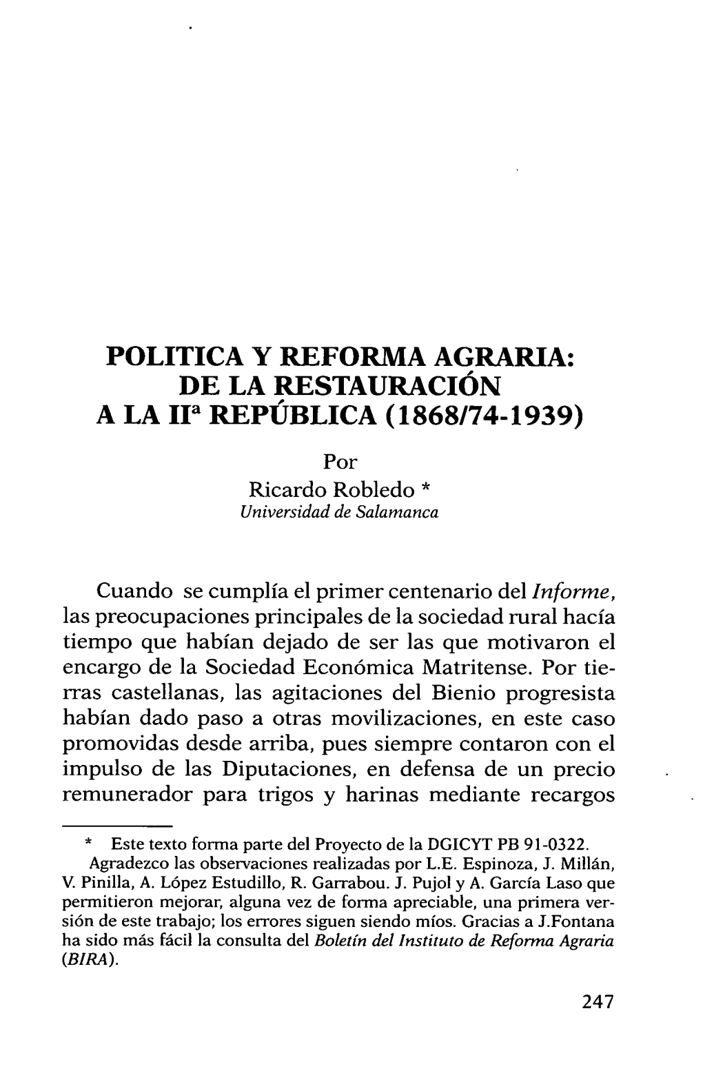 POLITICA Y REFORMA AGRARIA: DE LA RESTAURACIÓN a LA Iia REPÚBLICA (1868/74-1939)