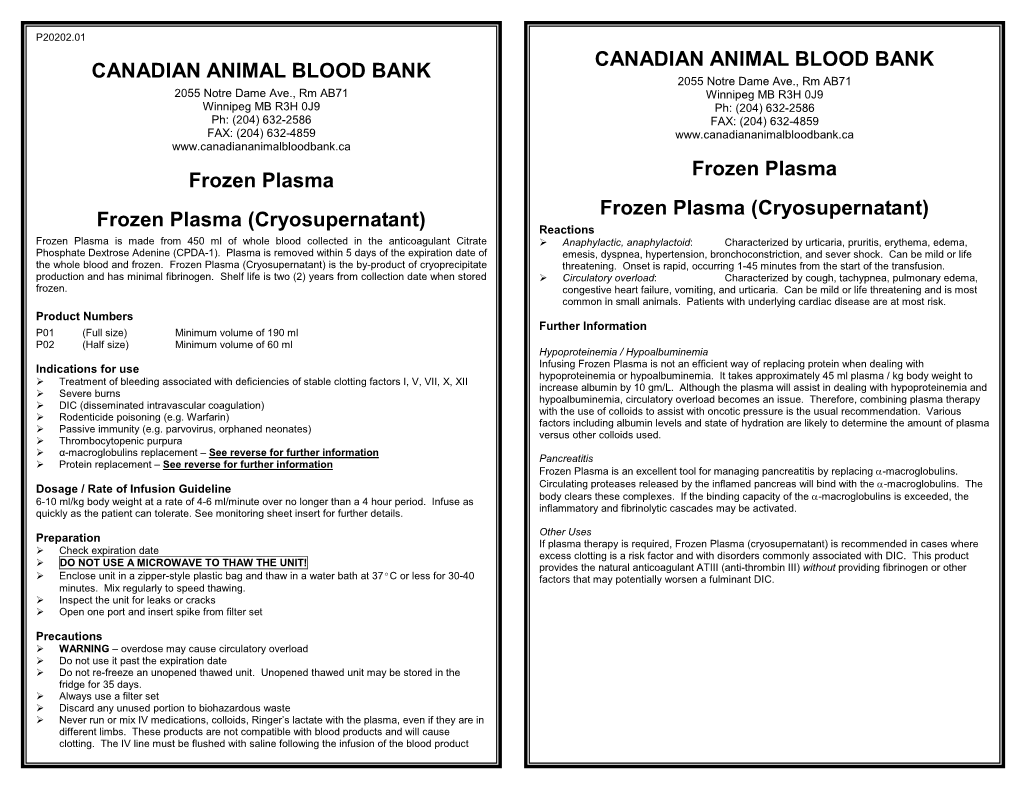 CANADIAN ANIMAL BLOOD BANK Frozen Plasma Frozen Plasma