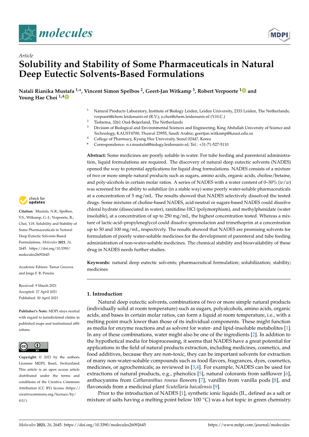 Solubility and Stability of Some Pharmaceuticals in Natural Deep Eutectic Solvents-Based Formulations