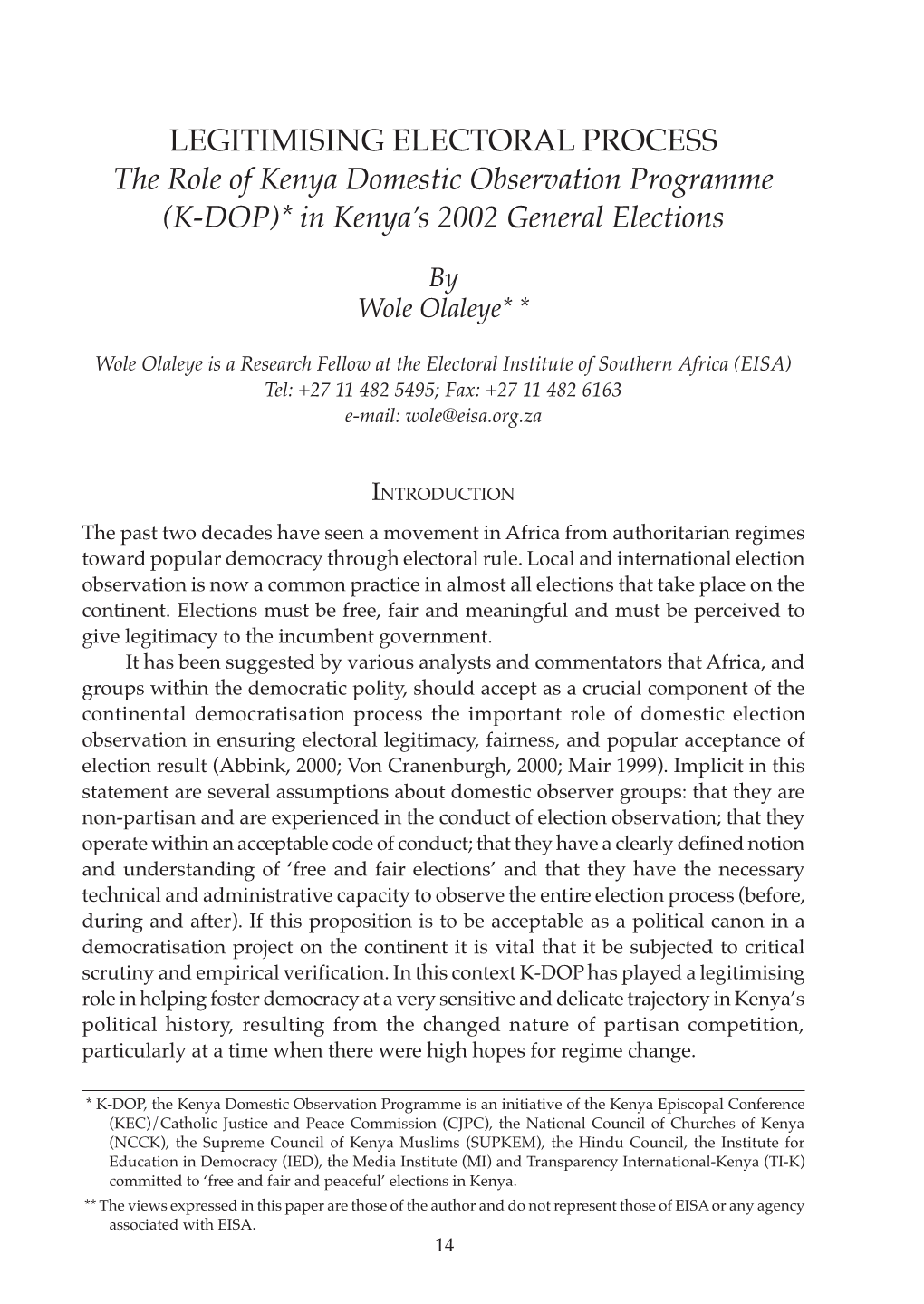 (K-DOP)* in Kenya's 2002 General Elections