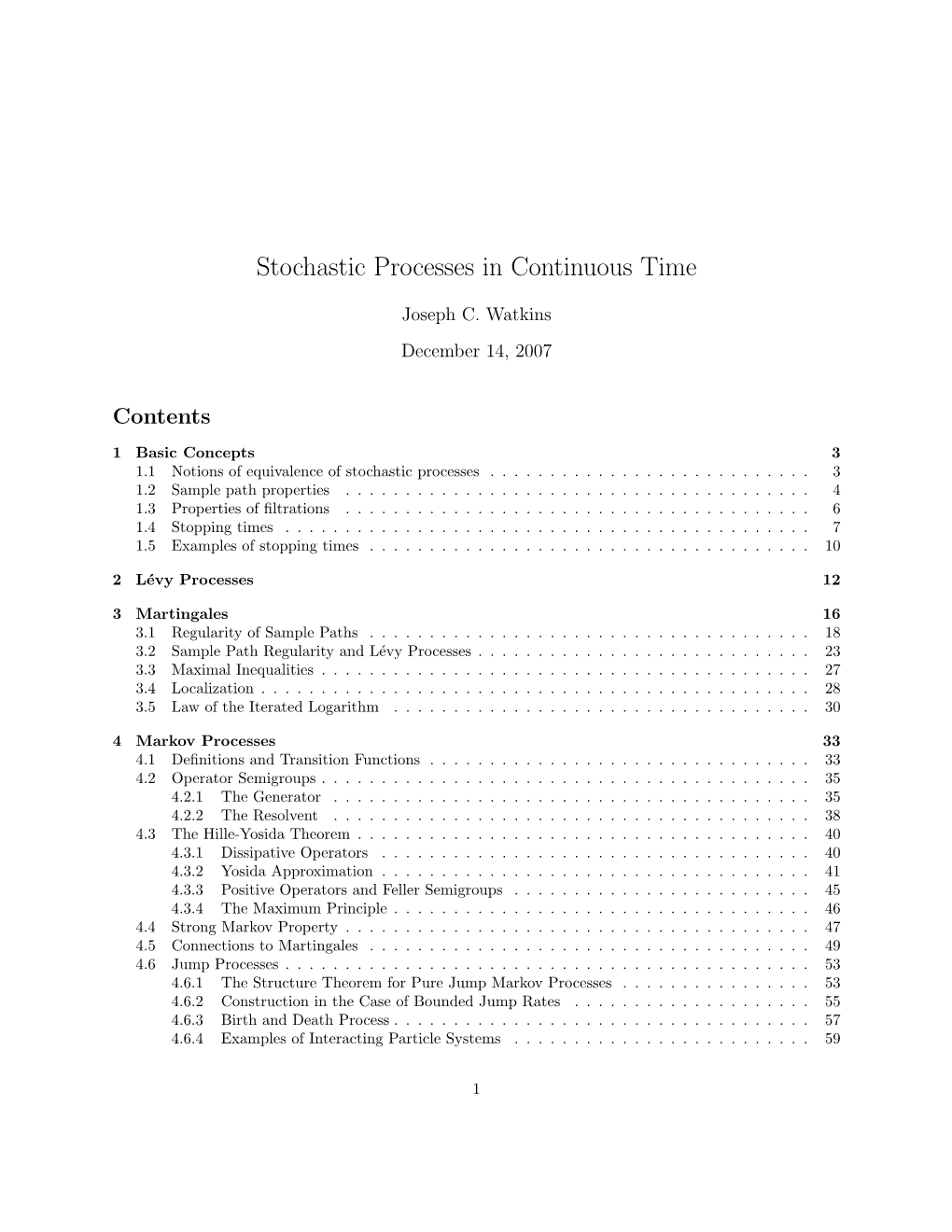 Stochastic Processes in Continuous Time