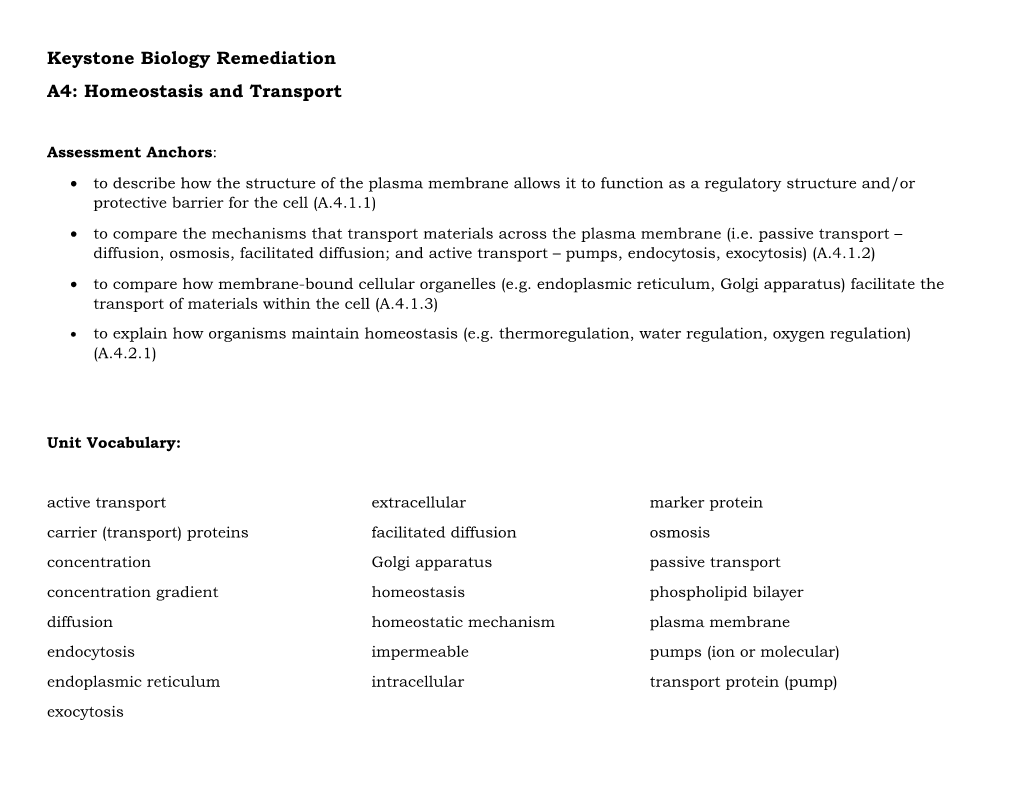 Keystone Biology Remediation A4: Homeostasis and Transport