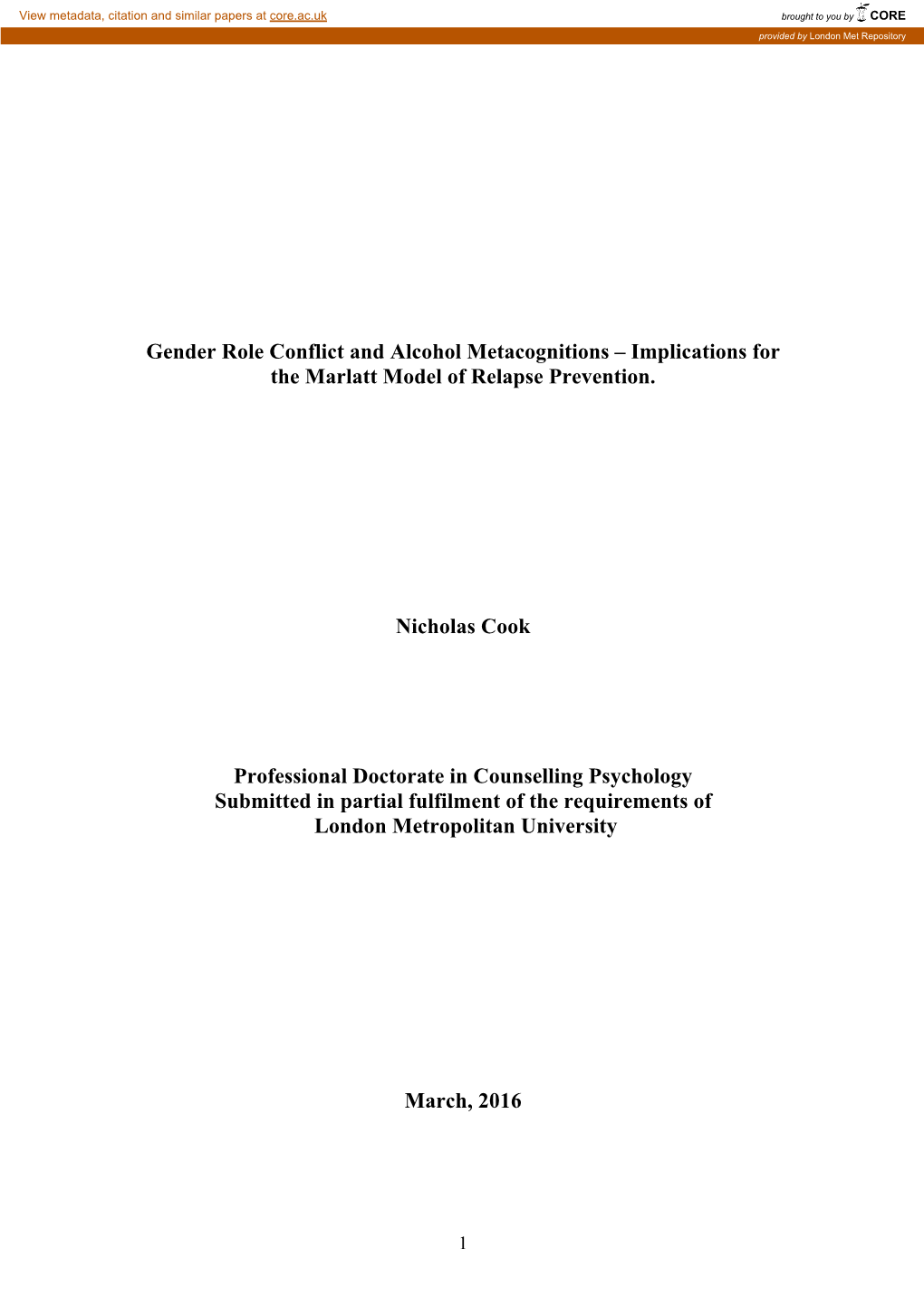 Gender Role Conflict and Alcohol Metacognitions – Implications for the Marlatt Model of Relapse Prevention