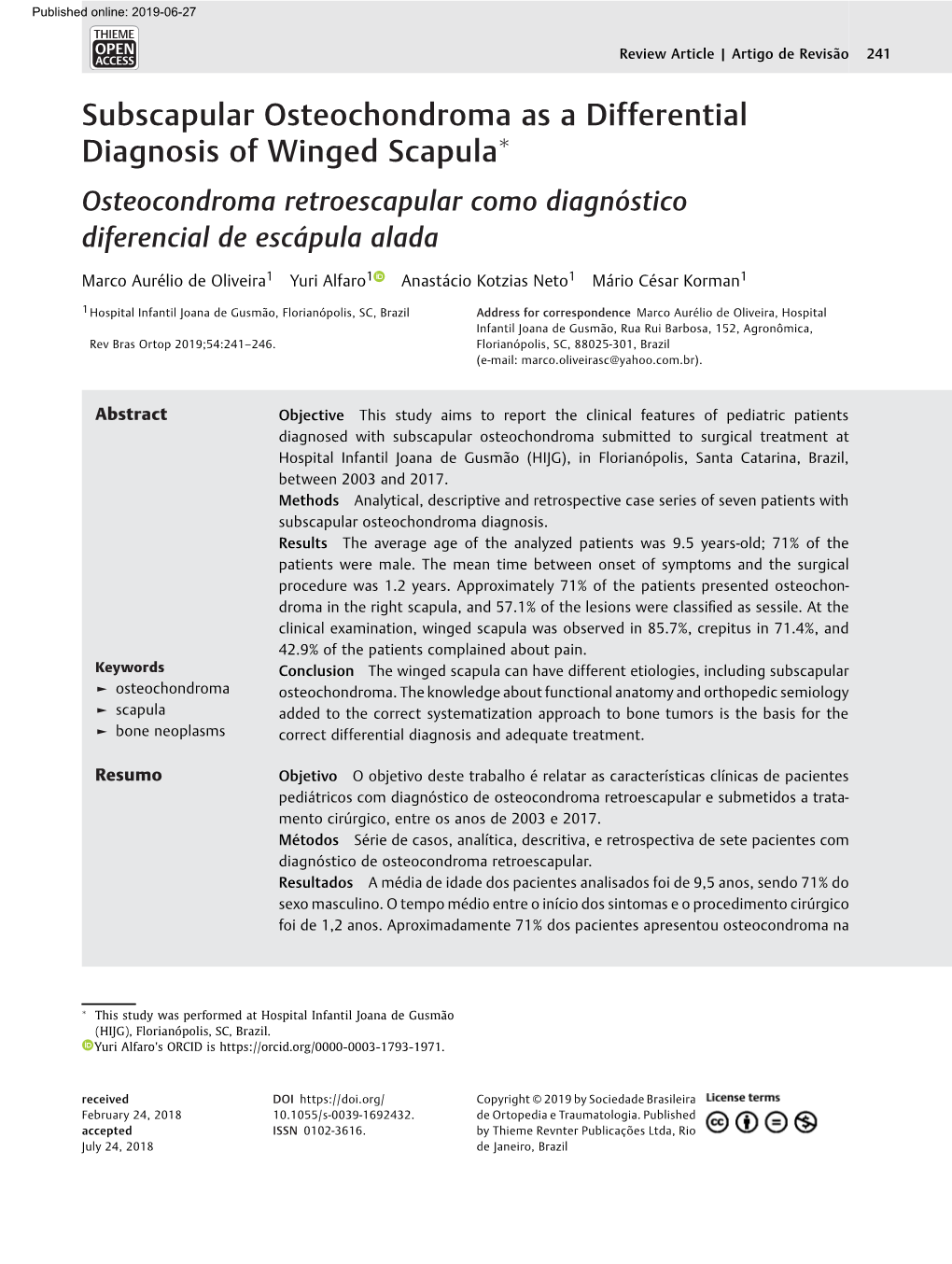 Subscapular Osteochondroma As a Differential Diagnosis of Winged