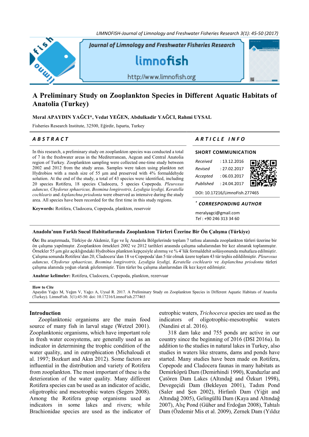 A Preliminary Study on Zooplankton Species in Different Aquatic Habitats of Anatolia (Turkey)