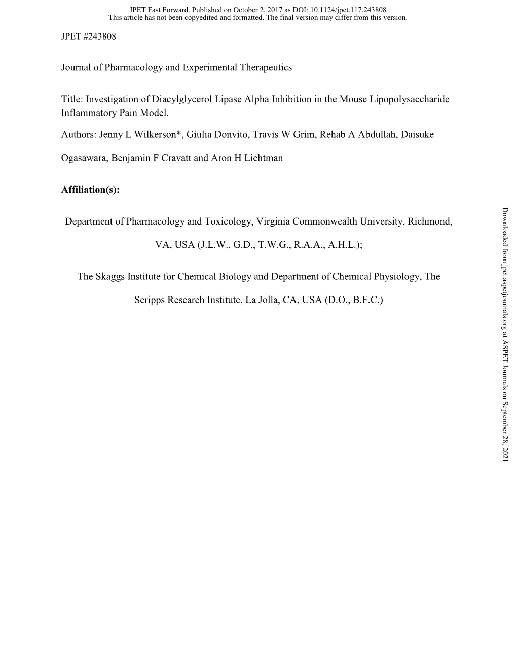 Investigation of Diacylglycerol Lipase Alpha Inhibition in the Mouse Lipopolysaccharide Inflammatory Pain Model