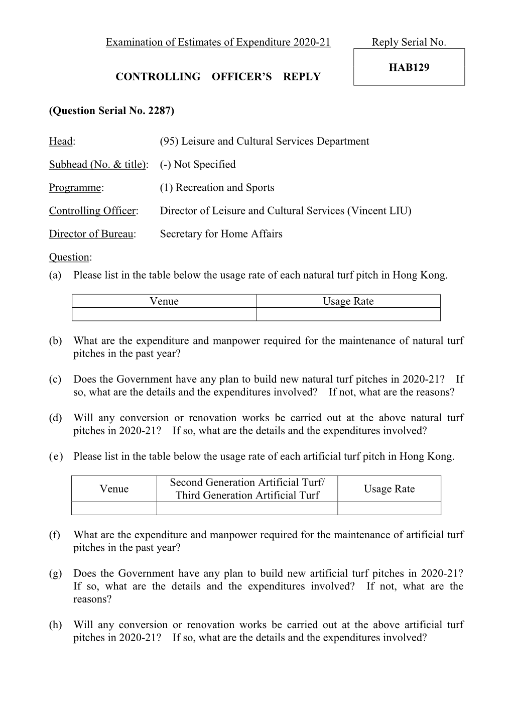 Hab129 Controlling Officer’S Reply