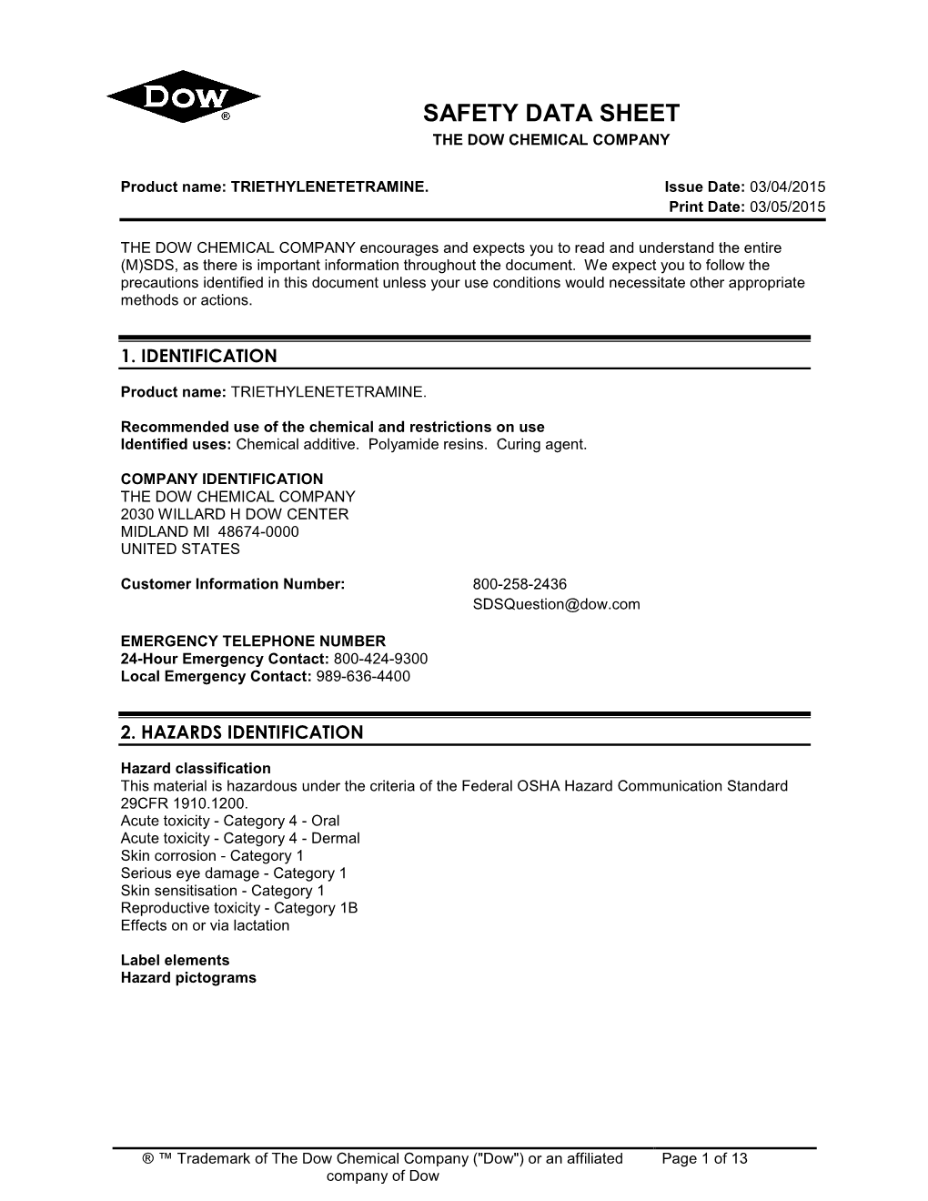 Safety Data Sheet the Dow Chemical Company