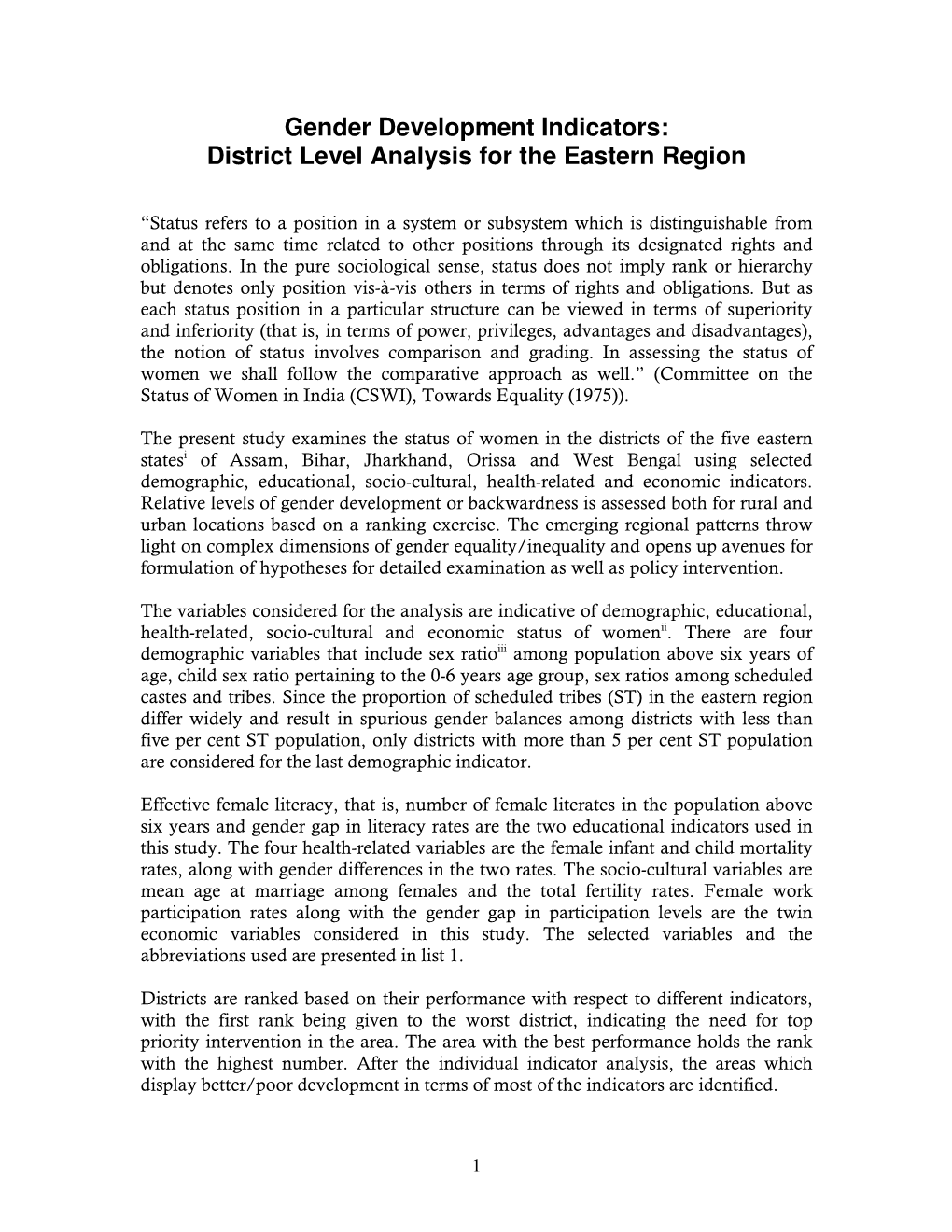 Gender Development Indicators: District Level Analysis for the Eastern Region