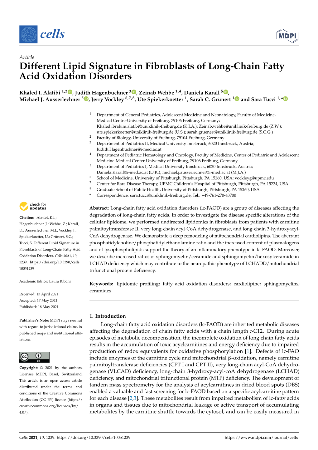 Different Lipid Signature in Fibroblasts of Long-Chain Fatty Acid Oxidation Disorders