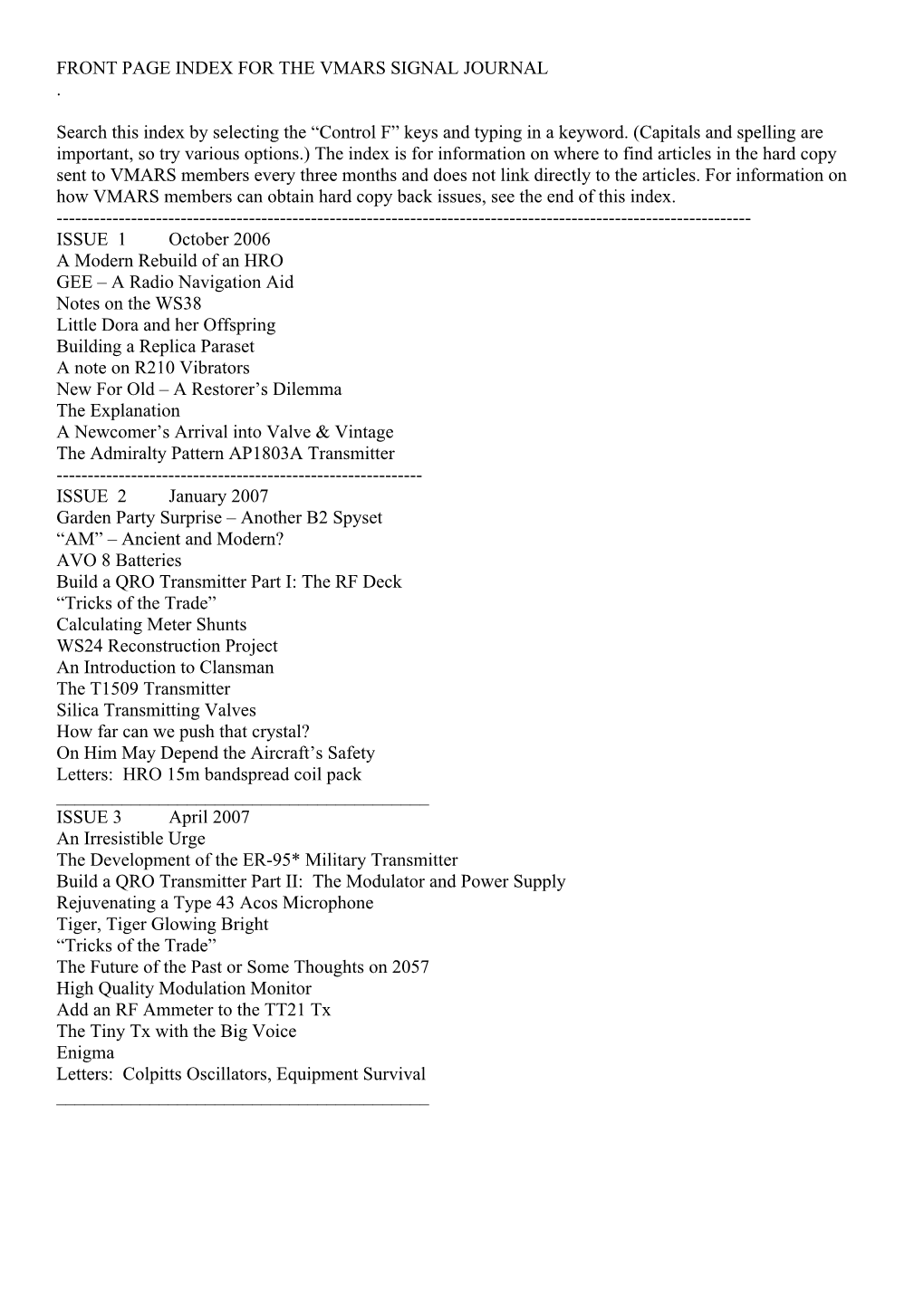 Front Page Index for the Vmars Signal Journal