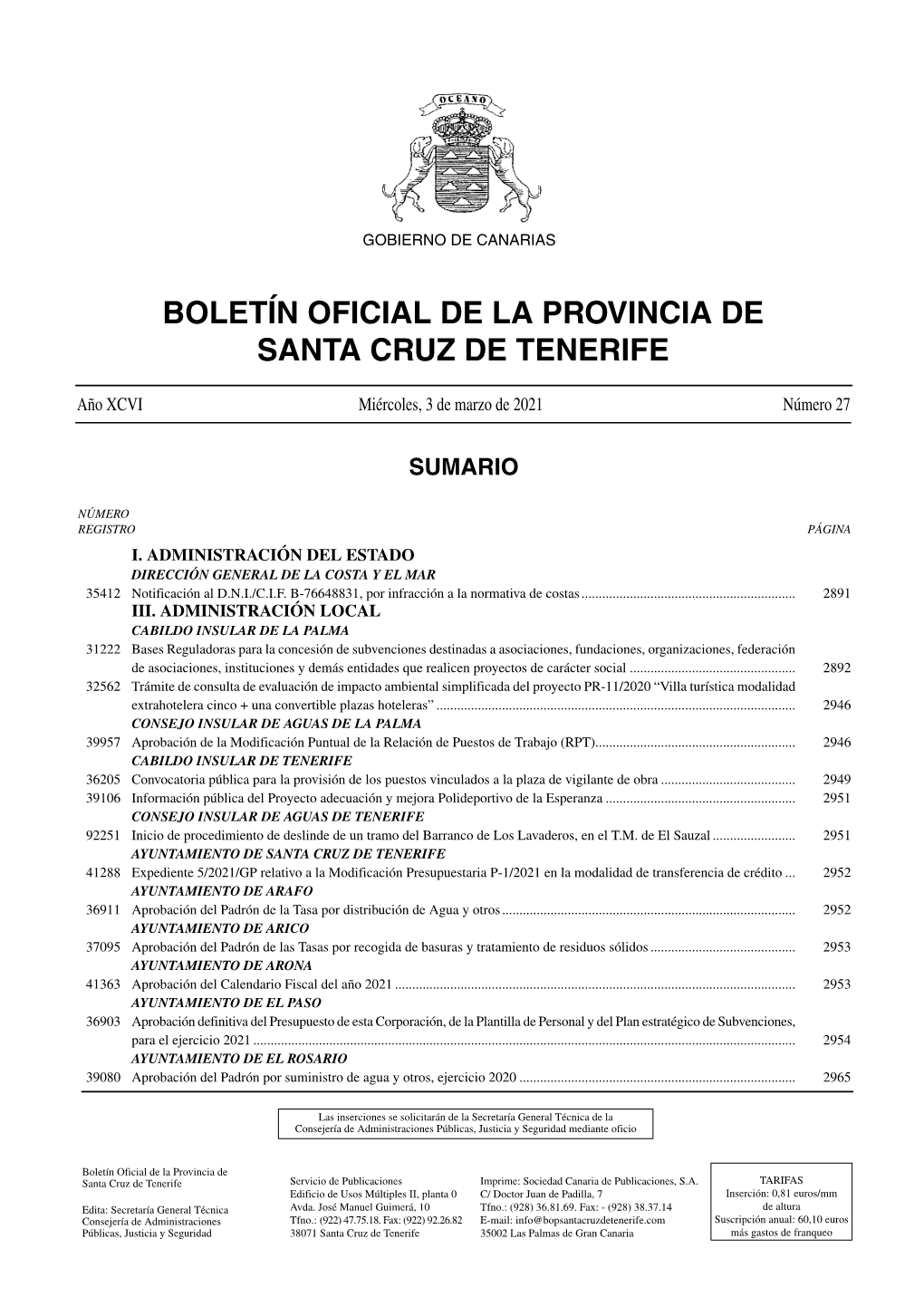 Boletín Oficial De La Provincia De Santa Cruz De Tenerife