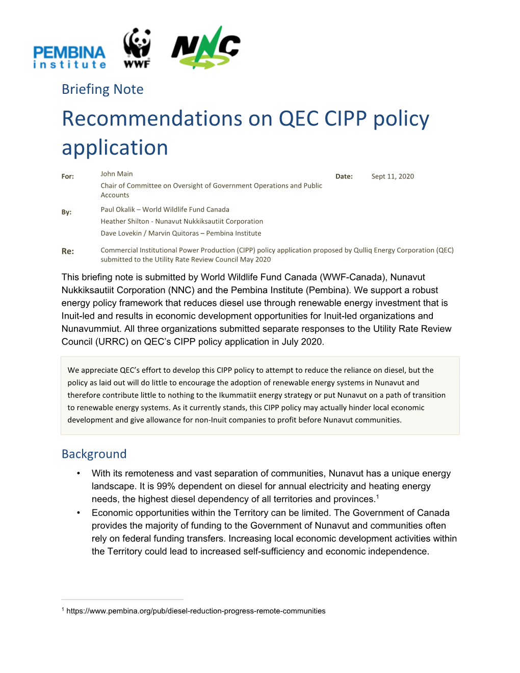 Briefing Note Recommendations on QEC CIPP Policy Application