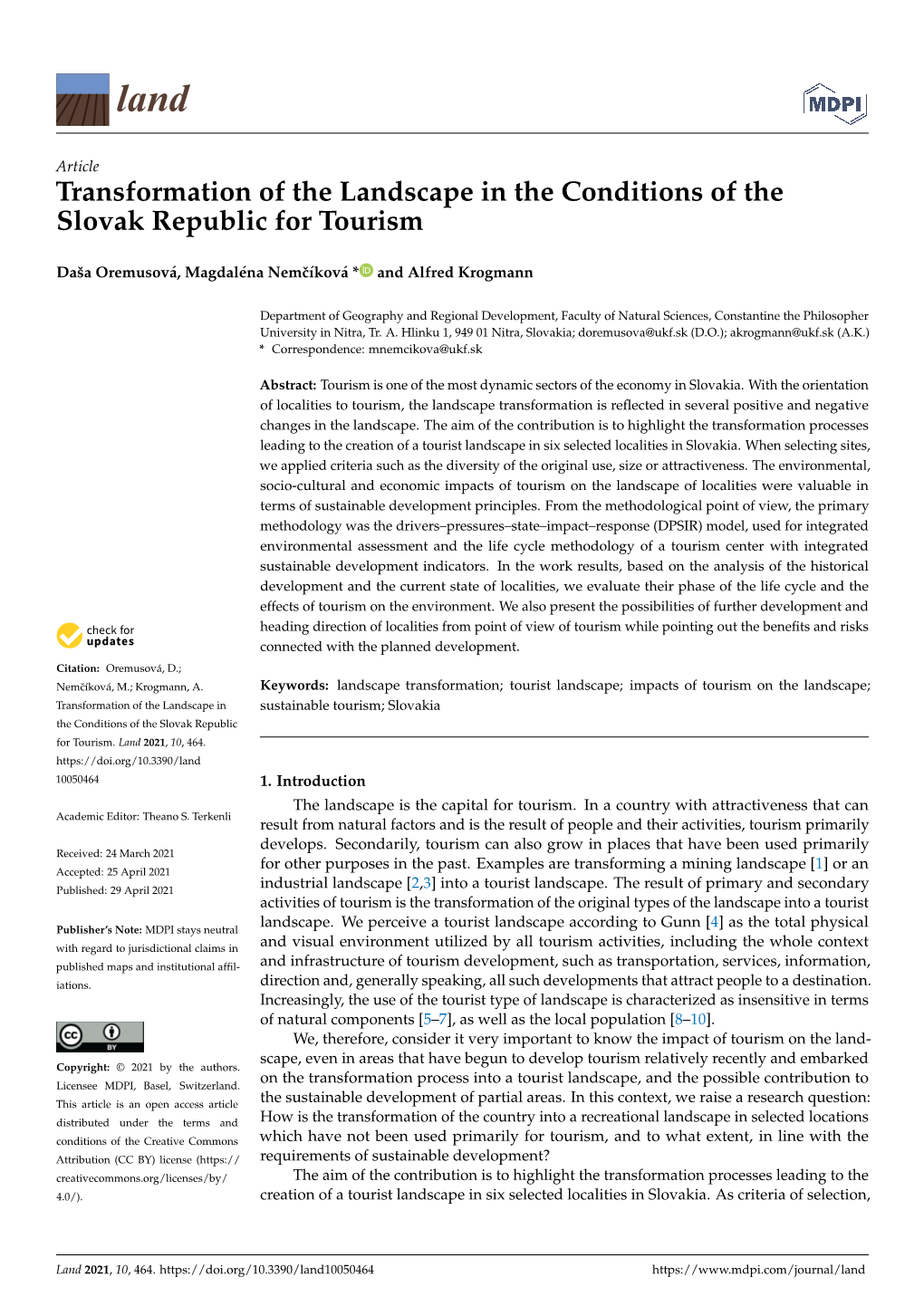 Transformation of the Landscape in the Conditions of the Slovak Republic for Tourism