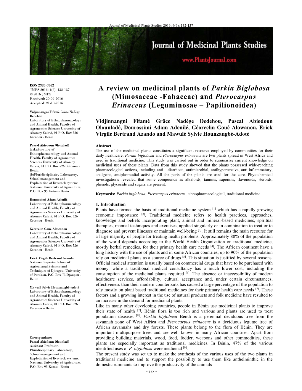 And Pterocarpus Erinaceus Are Two Plants Spread in West Africa and Health, Faculty of Agronomics Sciences University of Abomey Used in Traditional Medicine