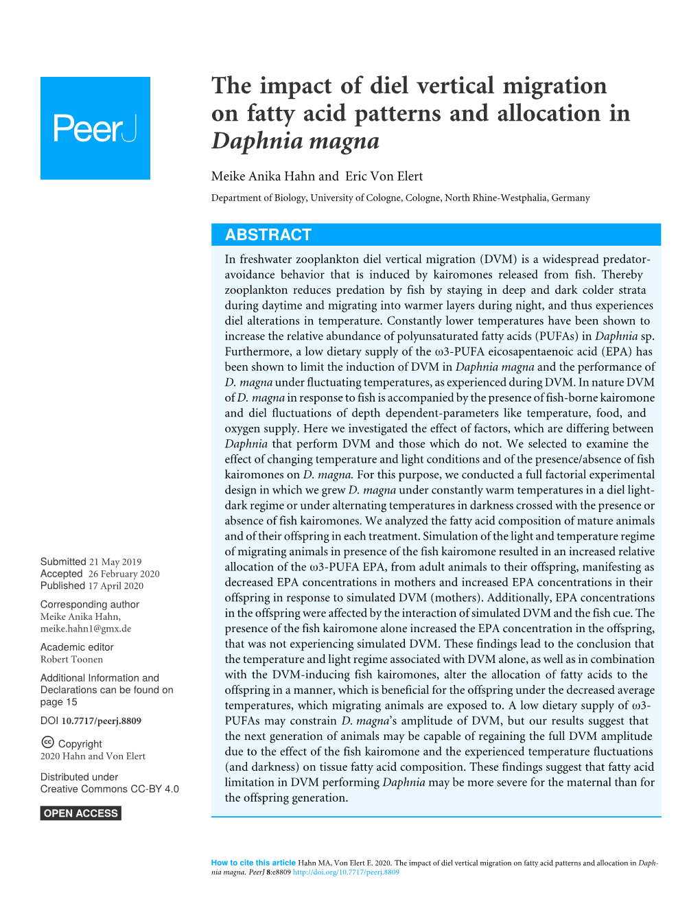 The Impact of Diel Vertical Migration on Fatty Acid Patterns and Allocation in Daphnia Magna