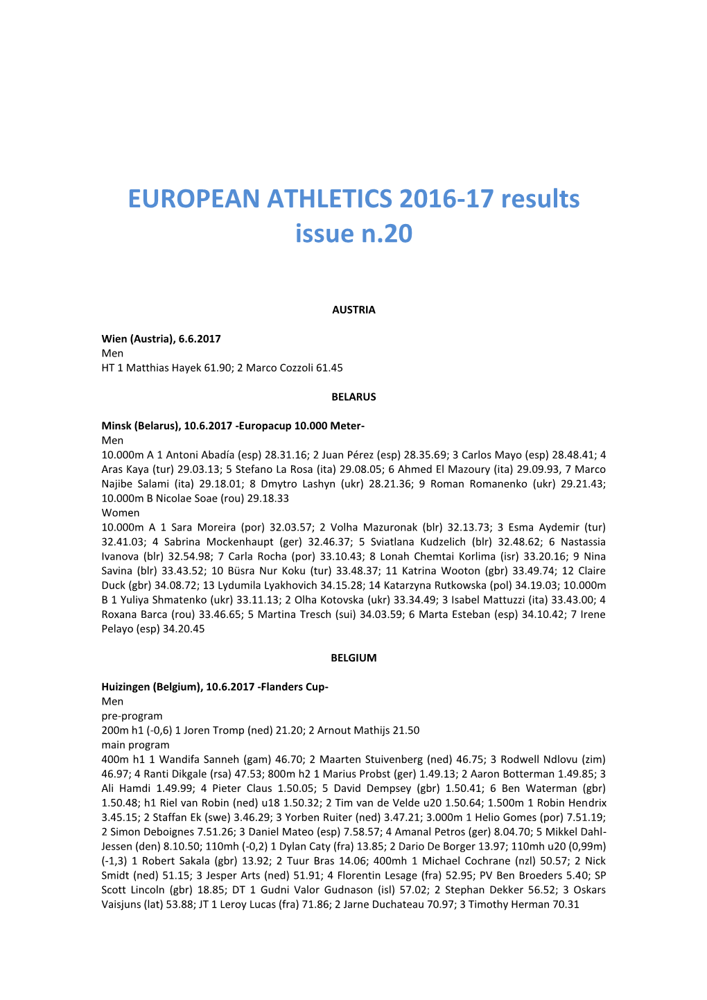 EUROPEAN ATHLETICS 2016-17 Results Issue N.20