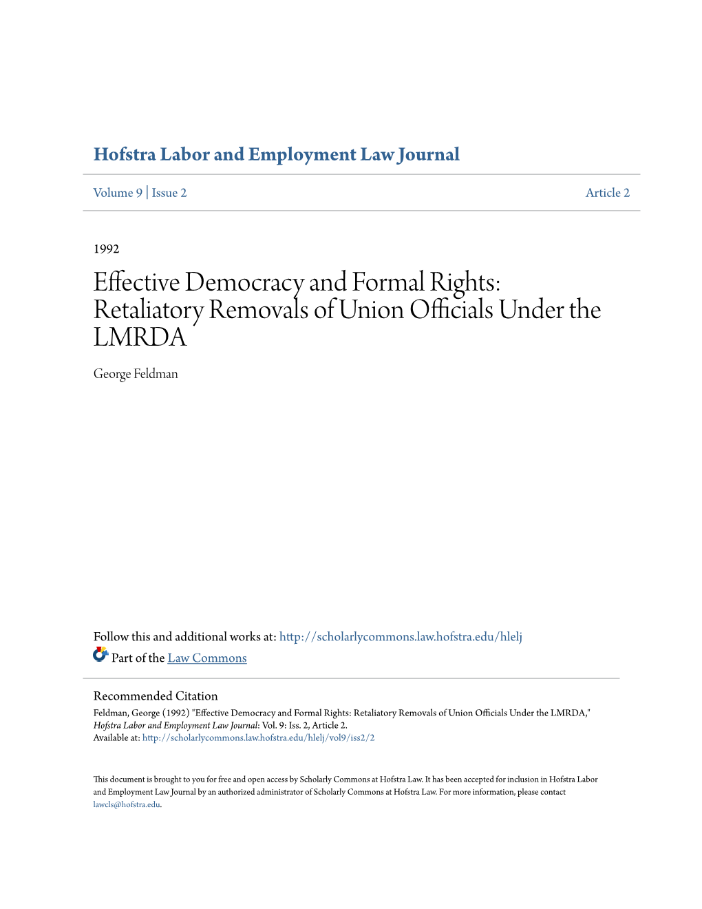 Retaliatory Removals of Union Officials Under the LMRDA George Feldman