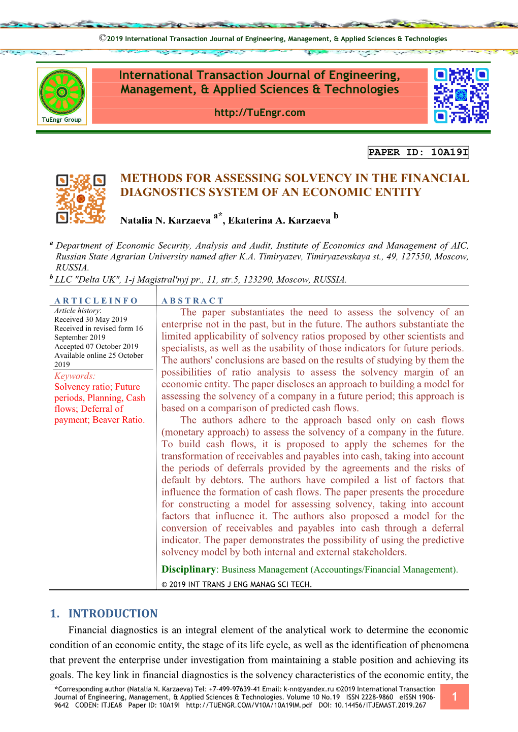 Methods for Assessing Solvency in the Financial Diagnostics System of an Economic Entity