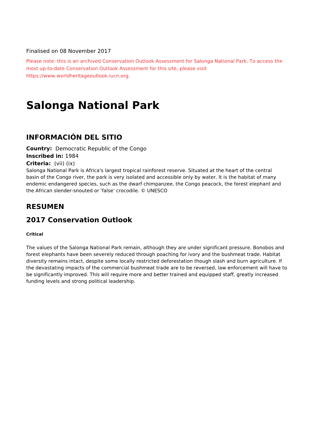 Salonga National Park - 2017 Conservation Outlook Assessment (Archived)