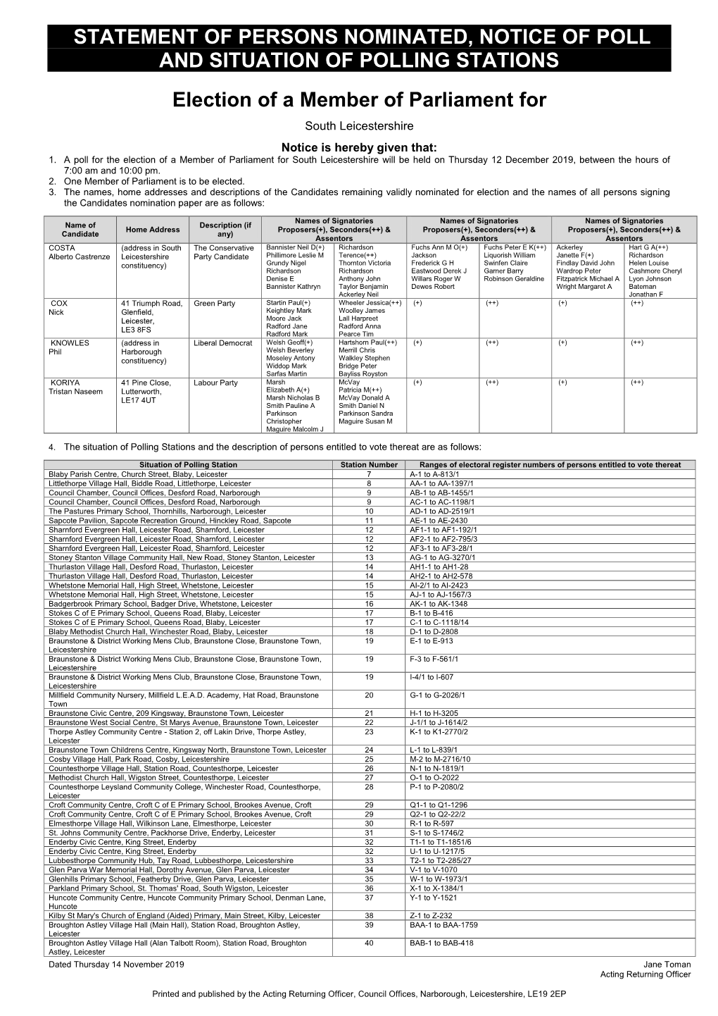 Statement of Persons Nominated & Notice of Poll & Situation of Polling Stations